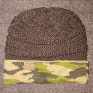 C.C Brown Knit Beanie with Green & Cream Camo Cuff